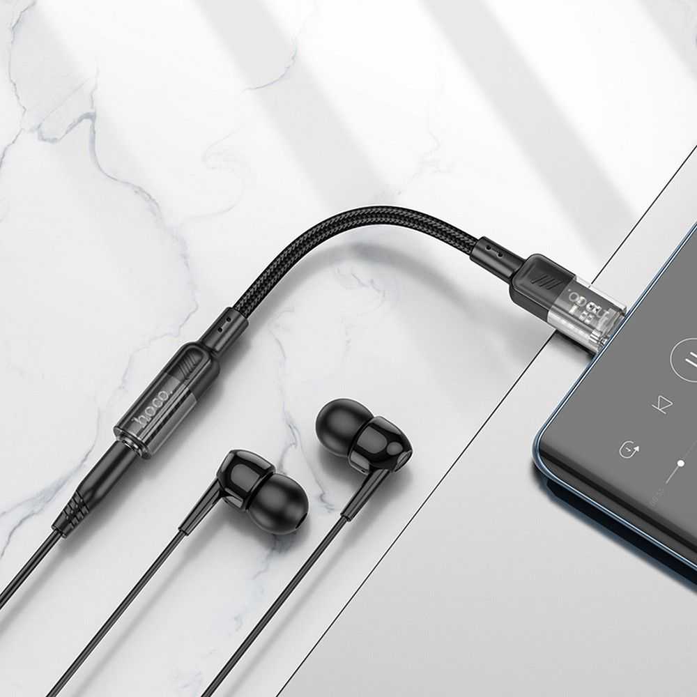Adapteris AUX USB C to Jack 3,5 mm Hoco 0,15 m LS37 transparent juodas