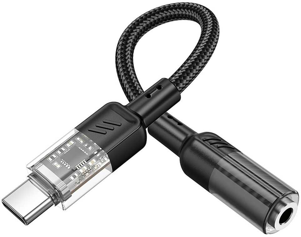 Adapteris AUX USB C to Jack 3,5 mm Hoco 0,15 m LS37 transparent juodas