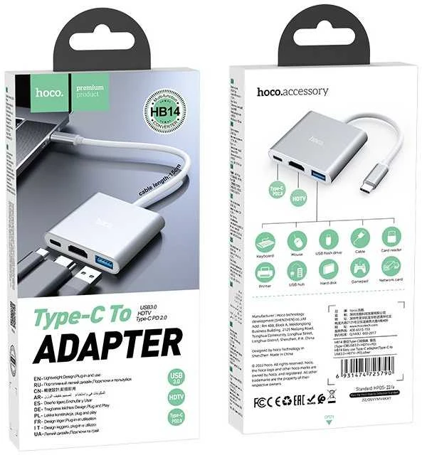 Adapteris Hoco HB14 Type-C to USB-A+HDMI+Type-C sidabrinis