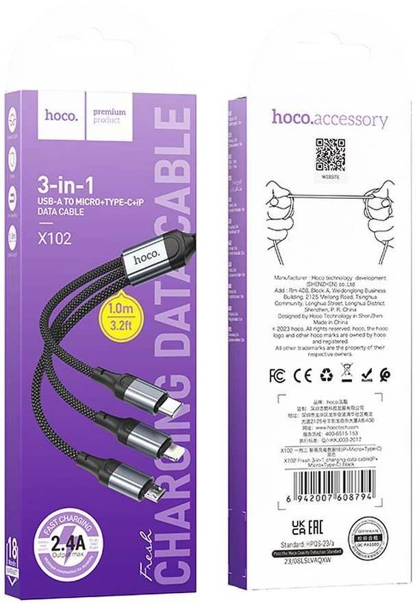 USB kabelis Hoco (X102) 3in1 lightning+microUSB+USB-C juodas 1m