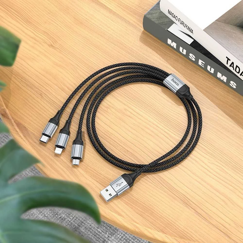 USB kabelis Hoco (X102) 3in1 lightning+microUSB+USB-C juodas 1m