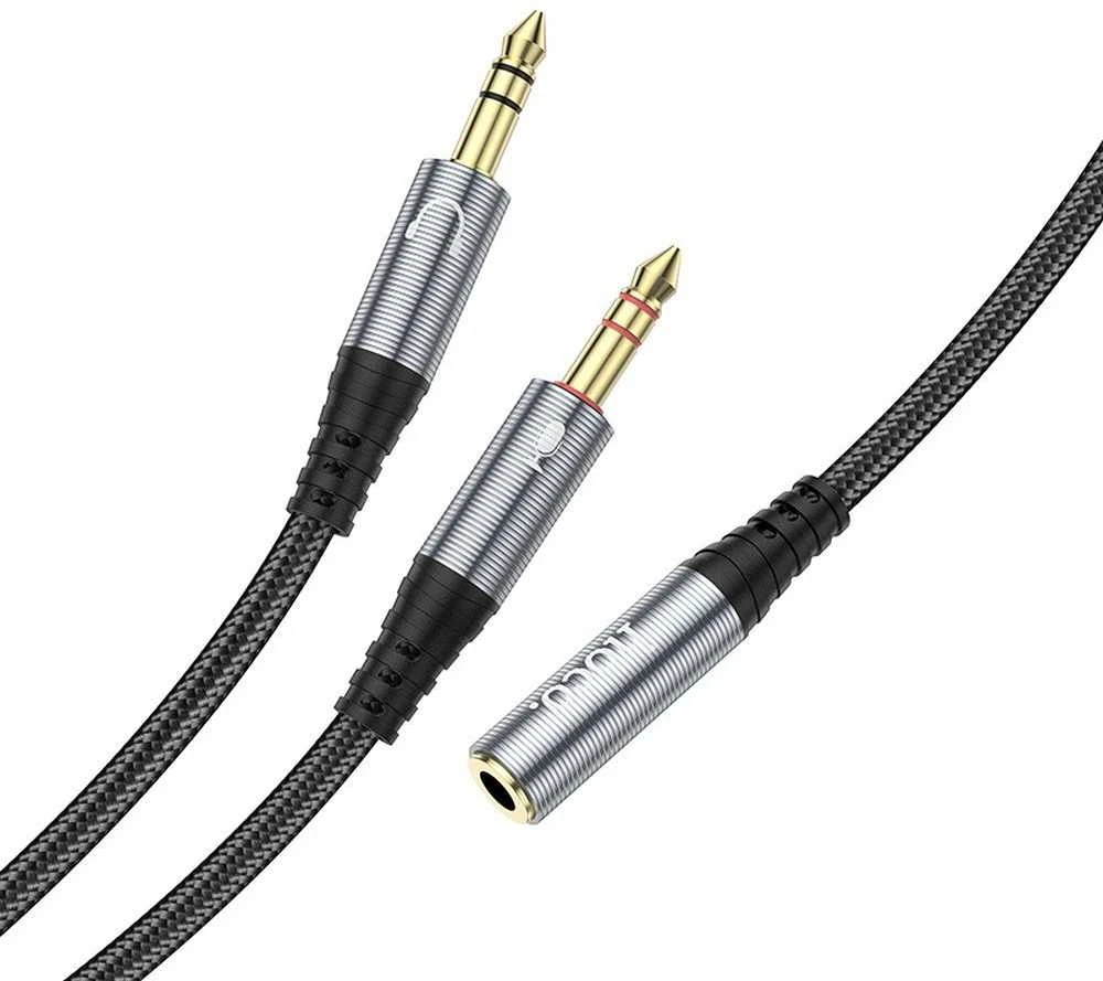 Kabelis AUX 2in1 Jack 3,5 mm (lizdas) į 2 x Jack 3,5 mm (vyras) Hoco 0,25 m UPA21 metalinis pilkas