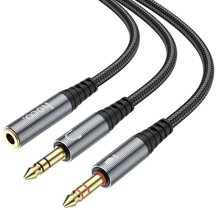 Kabelis AUX 2in1 Jack 3,5 mm (lizdas) į 2 x Jack 3,5 mm (vyras) Hoco 0,25 m UPA21 metalinis pilkas
