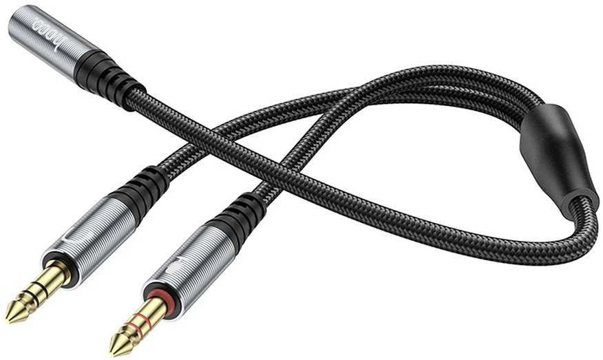 Kabelis AUX 2in1 Jack 3,5 mm (lizdas) į 2 x Jack 3,5 mm (vyras) Hoco 0,25 m UPA21 metalinis pilkas