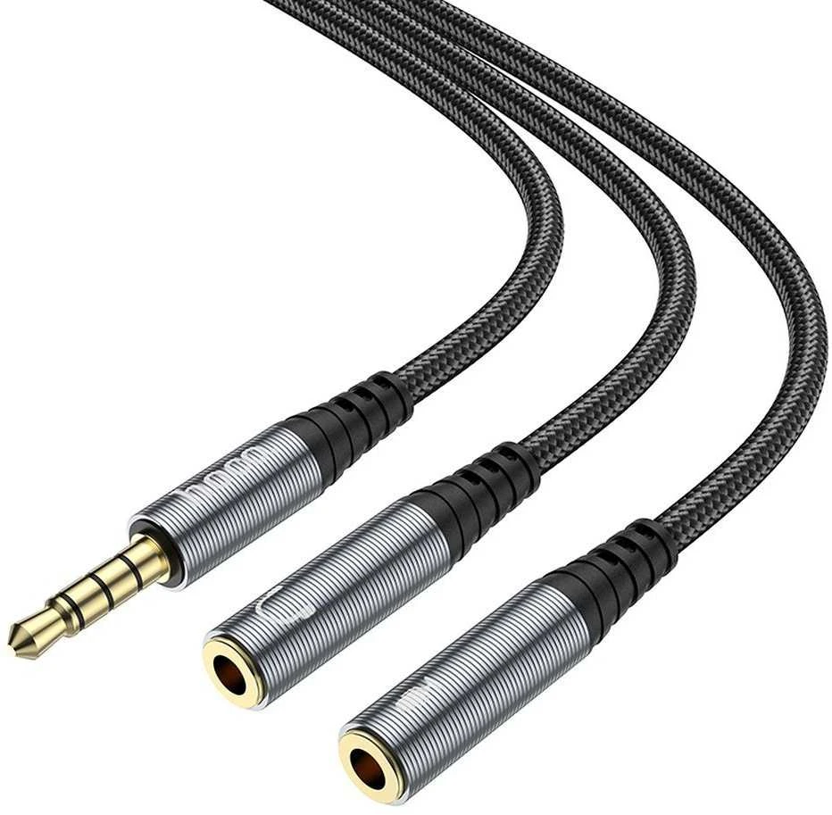 Kabelis AUX 2in1 Jack 3,5 mm (vyriškas) - 2 x Jack 3,5 mm (lizdas) Hoco 0,25 m UPA21 metalinis pilkas