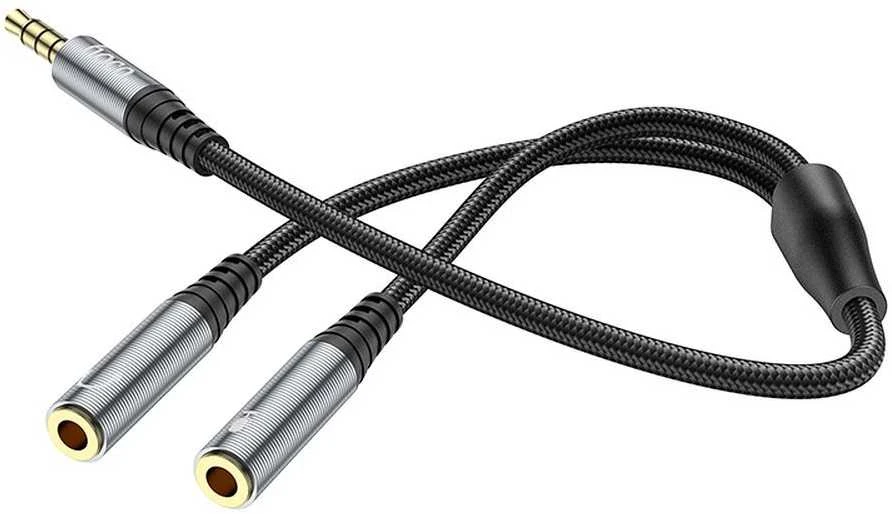 Kabelis AUX 2in1 Jack 3,5 mm (vyriškas) - 2 x Jack 3,5 mm (lizdas) Hoco 0,25 m UPA21 metalinis pilkas