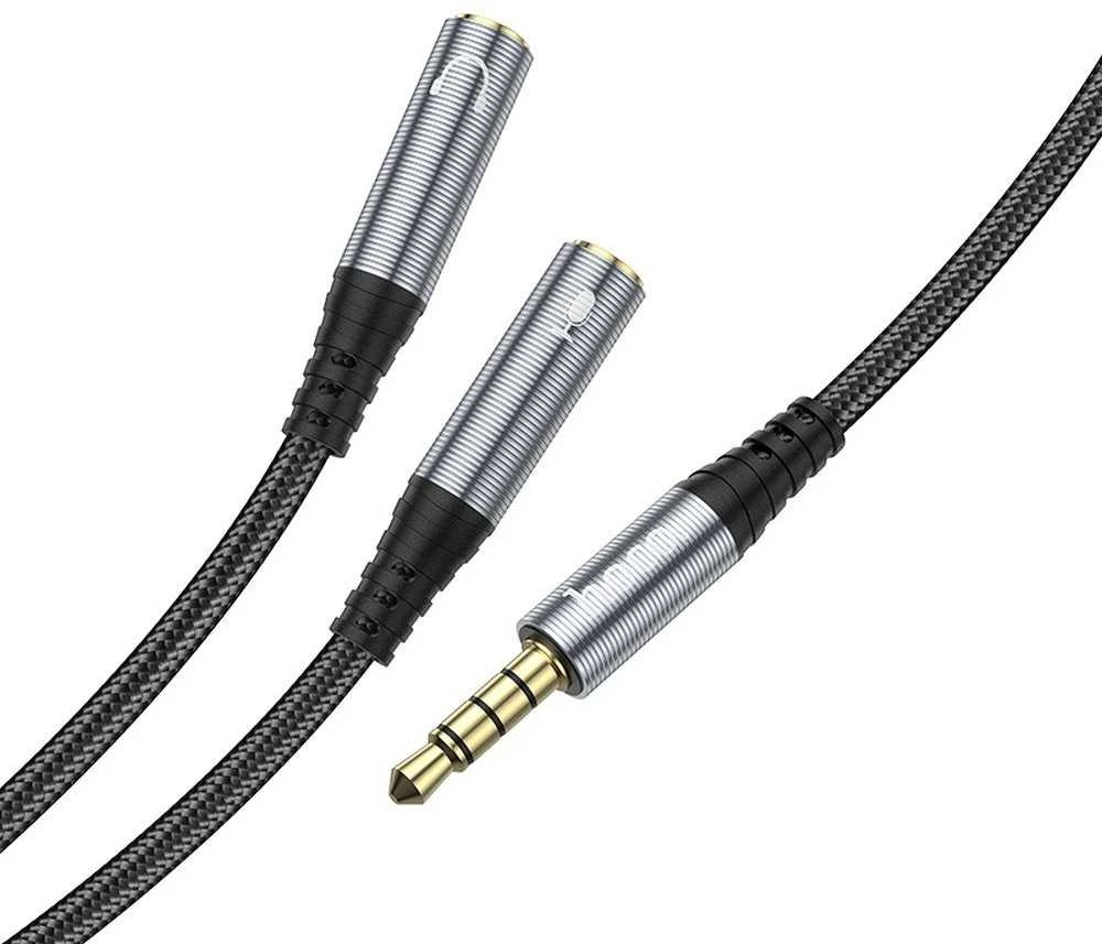 Kabelis AUX 2in1 Jack 3,5 mm (vyriškas) - 2 x Jack 3,5 mm (lizdas) Hoco 0,25 m UPA21 metalinis pilkas