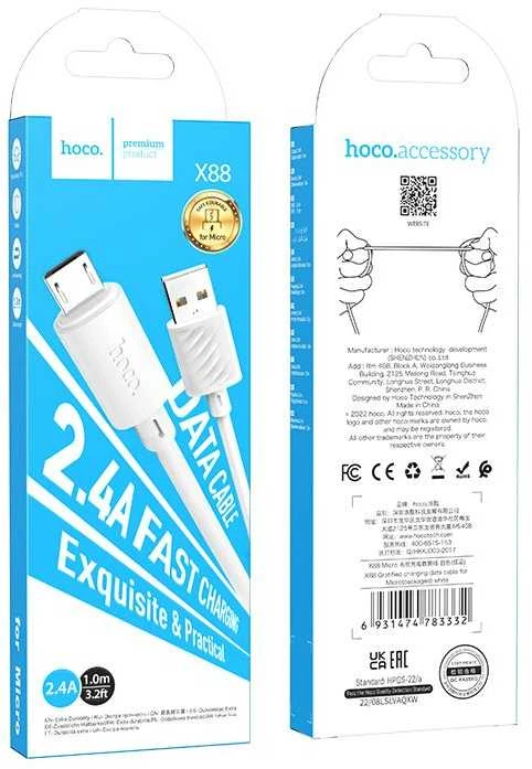 Cable USB A to Micro USB Hoco 2,4A 1 m X88 baltas