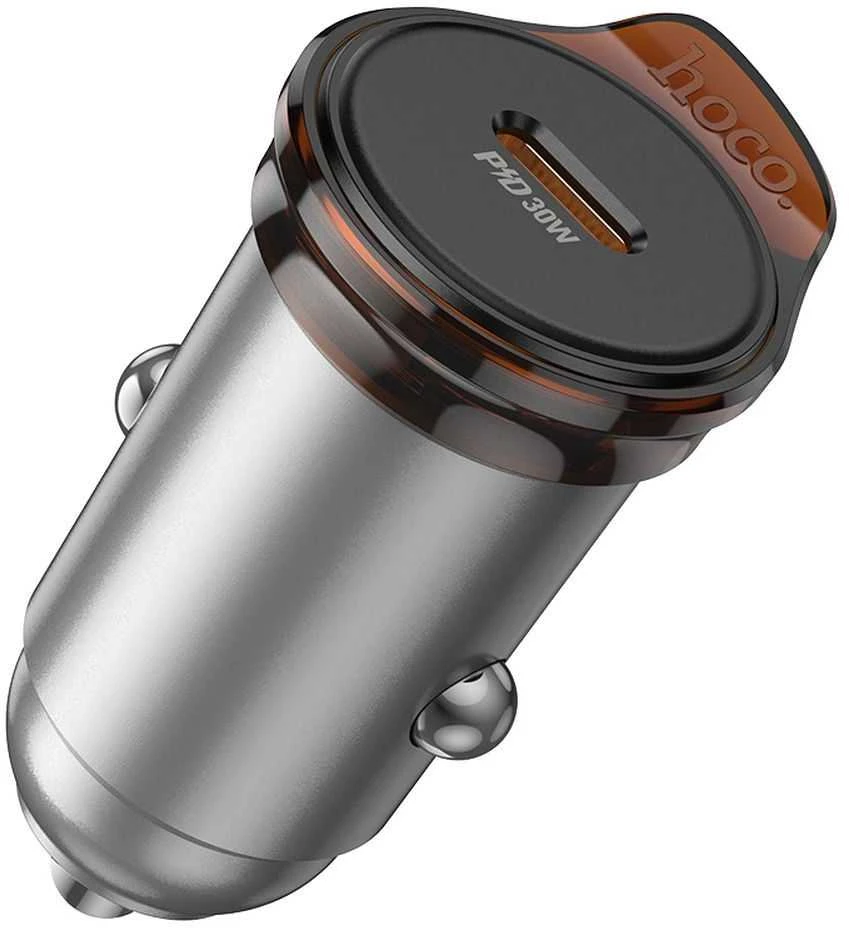 Automobilinis įkroviklis Hoco 2 x USB C QC PD 45W + laidas USB C į Lightning NZ16B metalinis pilkas