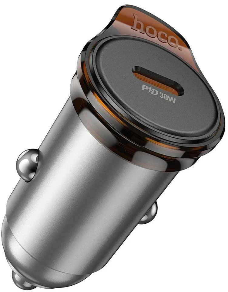 Automobilinis įkroviklis Hoco 2 x USB C QC PD 45W + laidas USB C į Lightning NZ16B metalinis pilkas