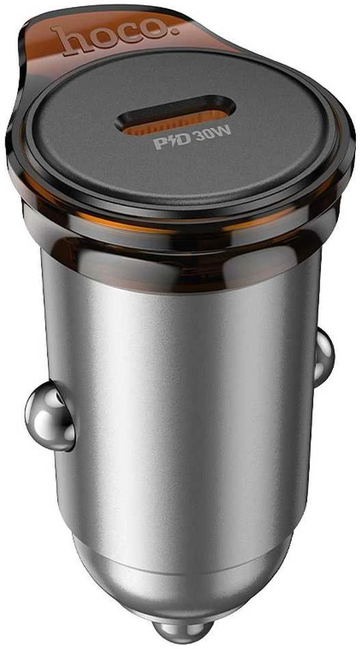 Automobilinis įkroviklis Hoco 2 x USB C QC PD 45W + laidas USB C į Lightning NZ16B metalinis pilkas