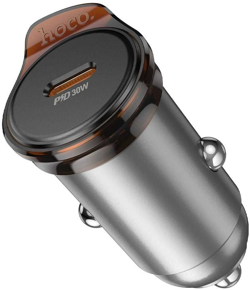 Automobilinis įkroviklis Hoco 2 x USB C QC PD 45W + laidas USB C į Lightning NZ16B metalinis pilkas