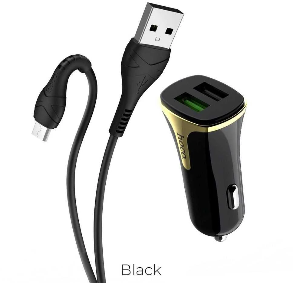 Įkroviklis automobilinis Hoco Z31 USB + "microUSB" QuickCharge (3.0A) juodas