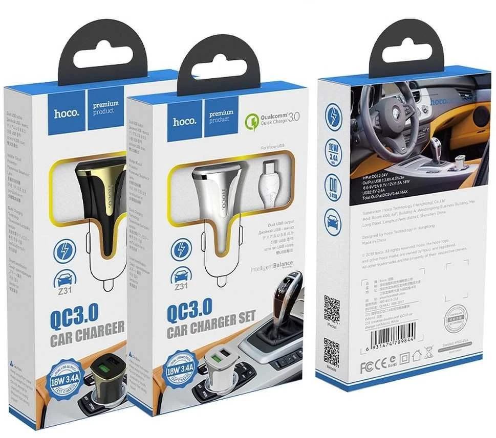 Įkroviklis automobilinis Hoco Z31 USB + "microUSB" QuickCharge (3.0A) juodas