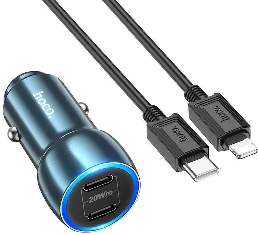 Mėlyna HOCO automobilinis pakrovėjas 2 x Type C + Type C laidas skirtas Lightning PD QC3.0 3A 40W Z48 mėlynas