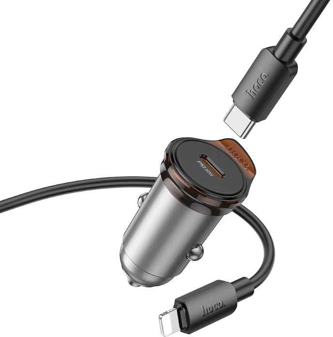 Automobilinis įkroviklis Hoco USB C QC PD 30W + laidas USB C - Lightning NZ16 metalinis pilkas