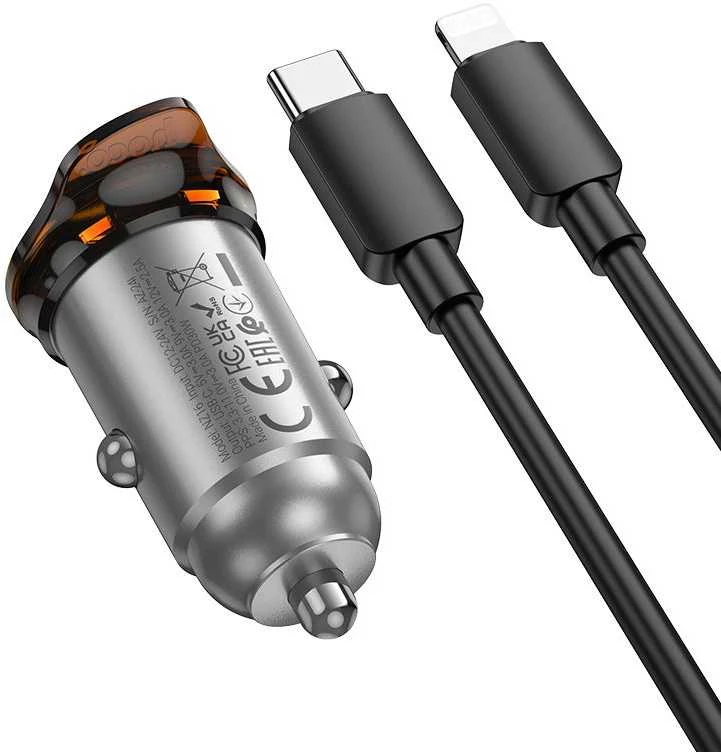 Automobilinis įkroviklis Hoco USB C QC PD 30W + laidas USB C - Lightning NZ16 metalinis pilkas