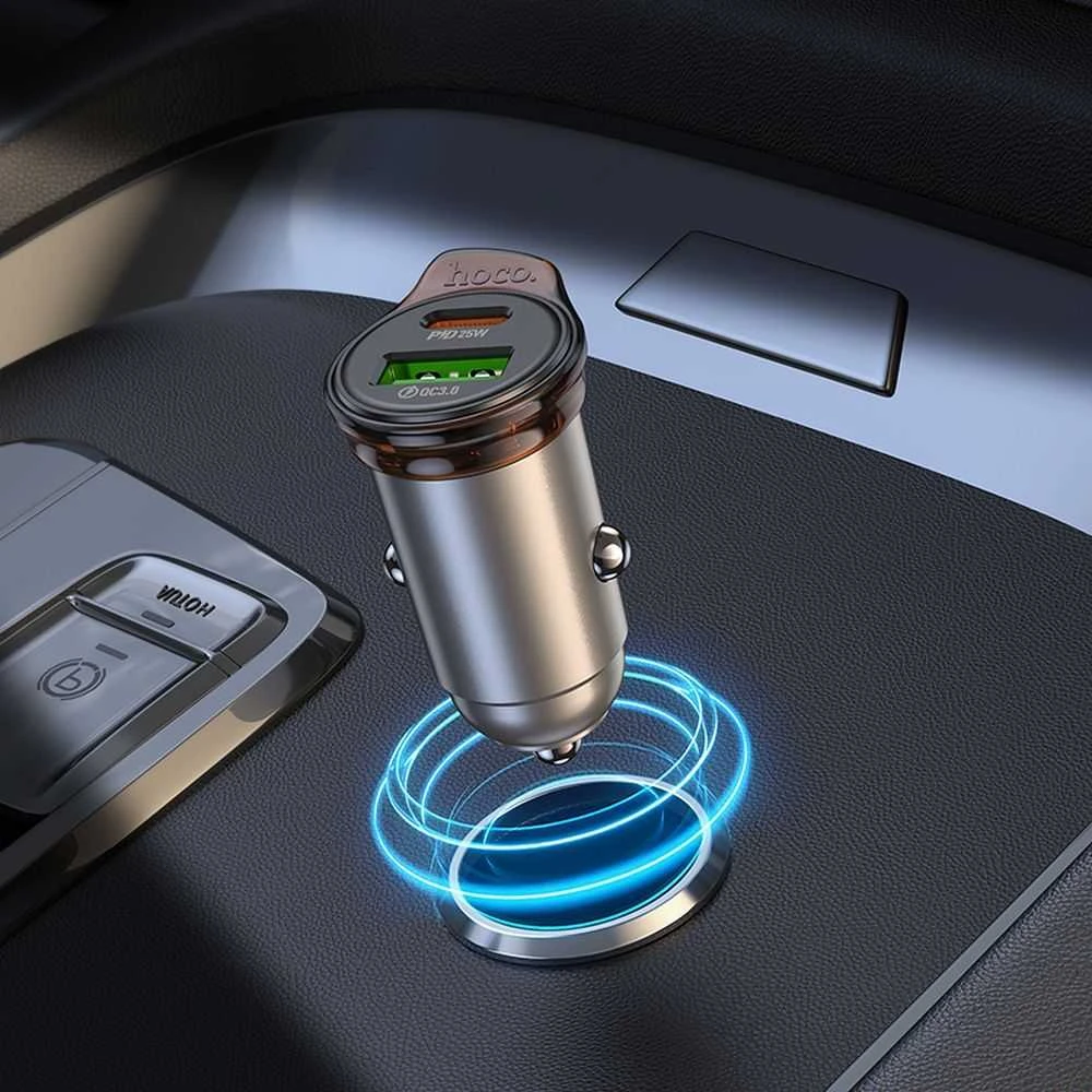 Automobilinis įkroviklis Hoco USB A + USB C QC3.0 PD 3A 43W + laidas USB C - Lightning NZ16A metalinis pilkas