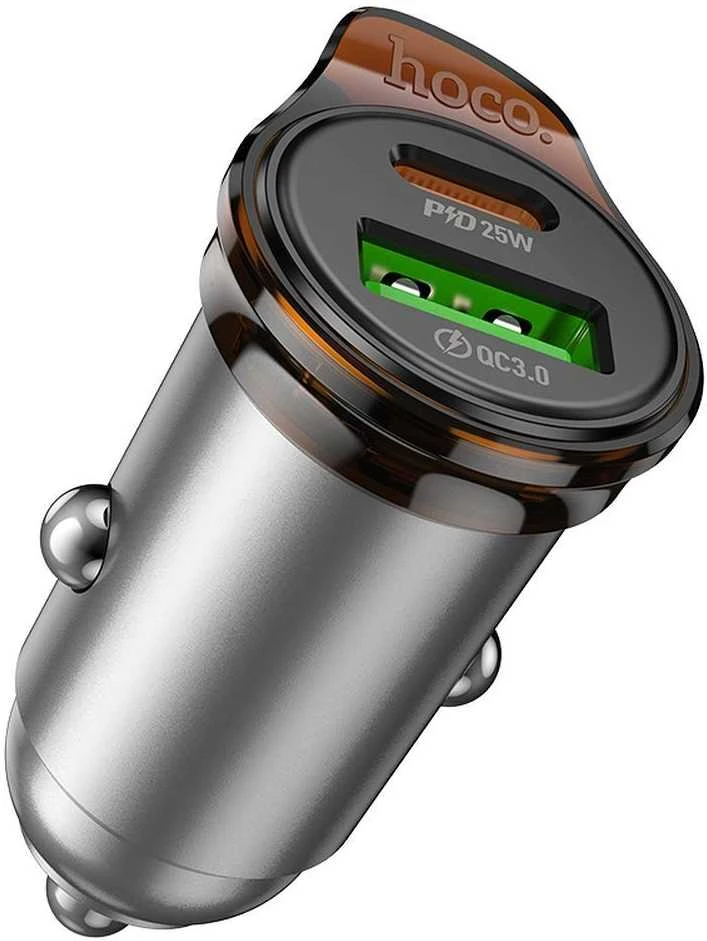 Automobilinis įkroviklis Hoco USB A + USB C QC3.0 PD 43W + laidas USB C į USB C NZ16A metalinis pilkas