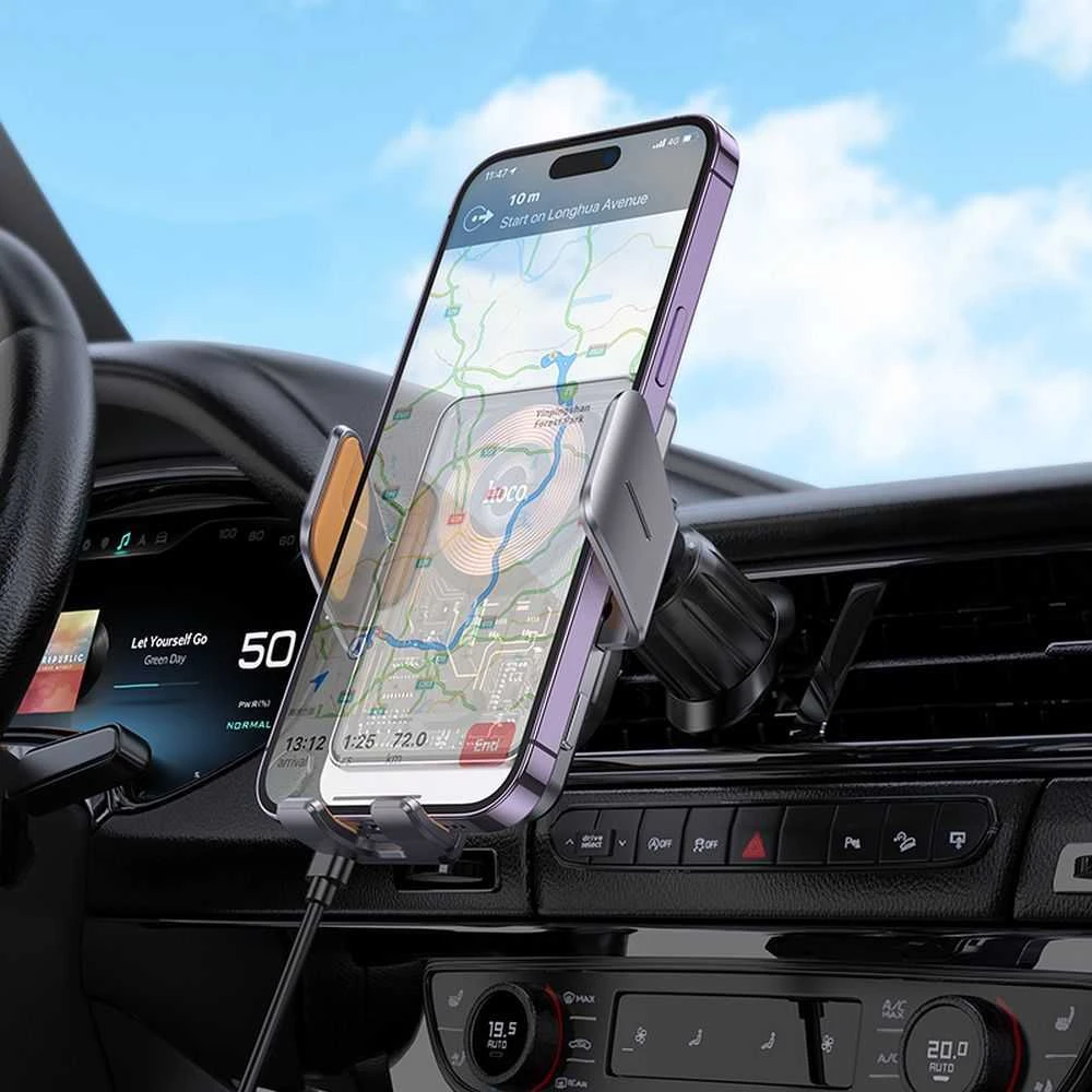 Belaidis automobilio telefono laikiklis Hoco 15 W oro išleidimo angos HW7 pilka