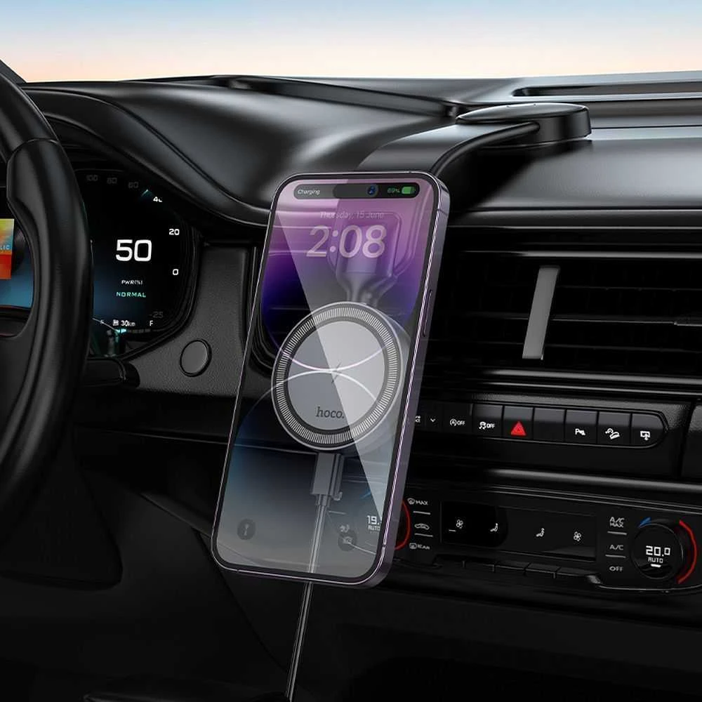 Belaidis automobilio telefono laikiklis, suderinamas su „Magsafe Hoco 15W“ prietaisų skydelio laikikliu HW29 juodas