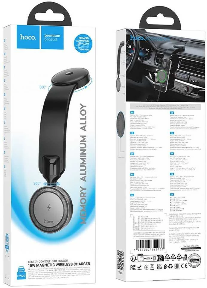 Belaidis automobilio telefono laikiklis, suderinamas su „Magsafe Hoco 15W“ prietaisų skydelio laikikliu HW29 juodas