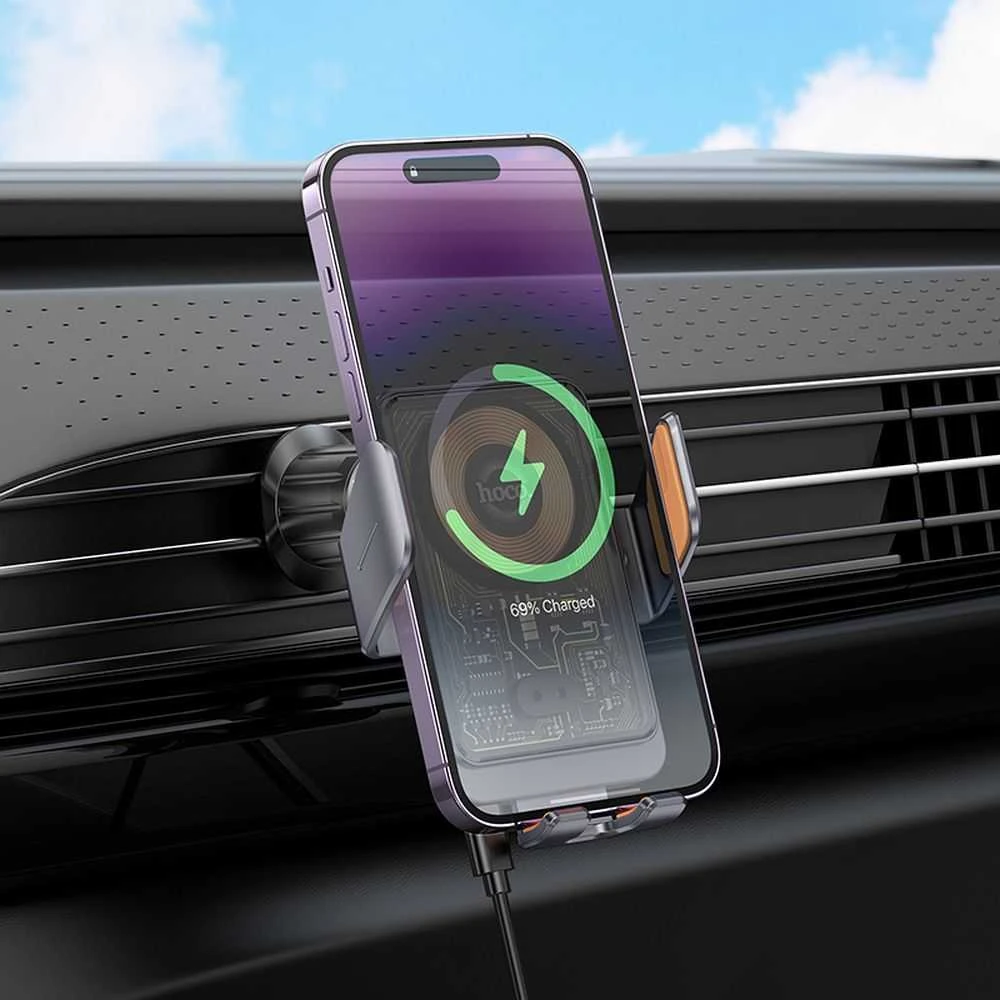 Belaidis automobilio telefono laikiklis Hoco 15 W oro išleidimo angos HW7 pilka