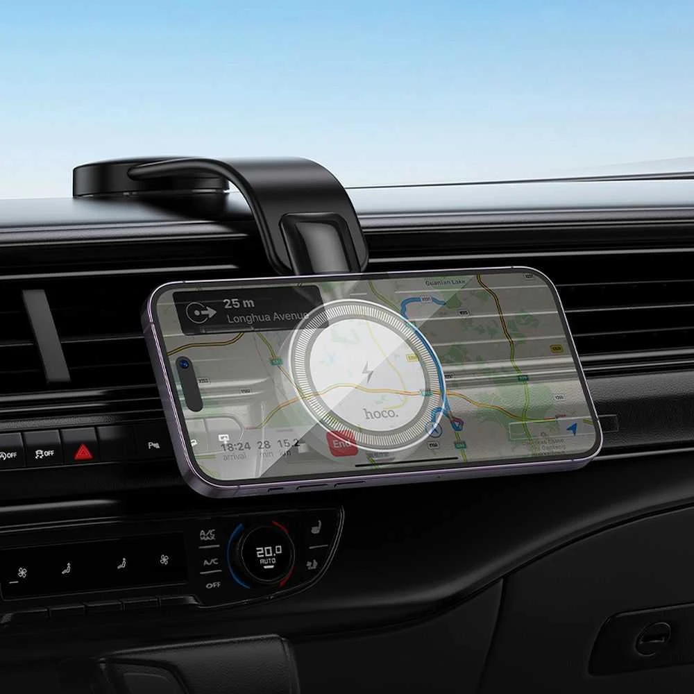 Belaidis automobilio telefono laikiklis, suderinamas su „Magsafe Hoco 15W“ prietaisų skydelio laikikliu HW29 juodas