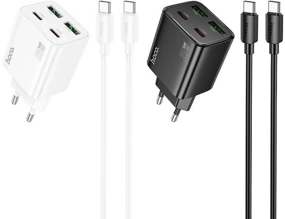 Telefono įkroviklis Hoco 2 x USB C + 2 x USB A QC3.0 PD 3A 20W + laidas USB C į USB C N55 baltas