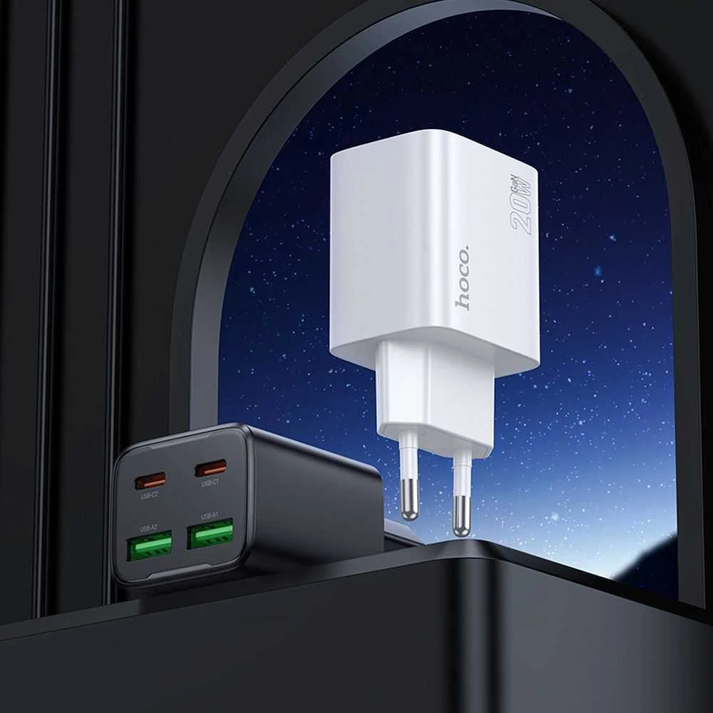 Telefono įkroviklis Hoco 2 x USB C + 2 x USB A QC3.0 PD 3A 20W + laidas USB C į Lightning N55 baltas