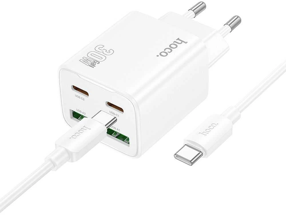 Telefono įkroviklis Hoco 2 x USB C + 2 x USB A QC3.0 PD 3A 30W + laidas USB C į USB C N56 baltas