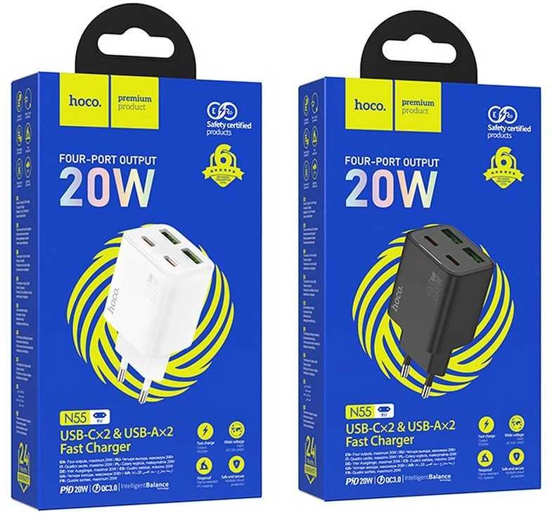 Telefono įkroviklis Hoco 2 x USB C + 2 x USB A QC3.0 PD 3A 20W N55 juodas