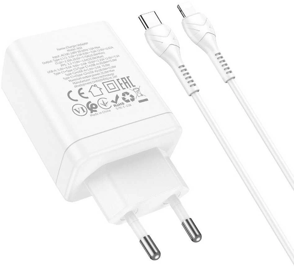 Telefono įkroviklis Hoco 2 x USB C + USB A QC3.0 PD 3A 35W + laidas USB C į Lightning N33 baltas