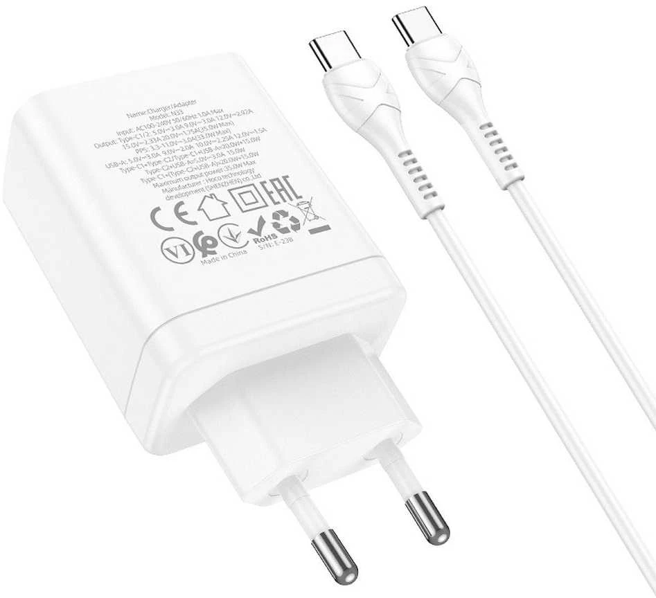 Telefono įkroviklis Hoco 2 x USB C + USB A QC3.0 PD 3A 35W + laidas USB C į USB C N33 baltas