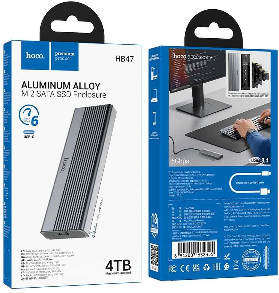 Korpusas Hoco M.2 SATA SSD diskams M raktas B+M raktas iki 4TB USB A USB3.2 / 6GBps HB47 metalinis pilkas