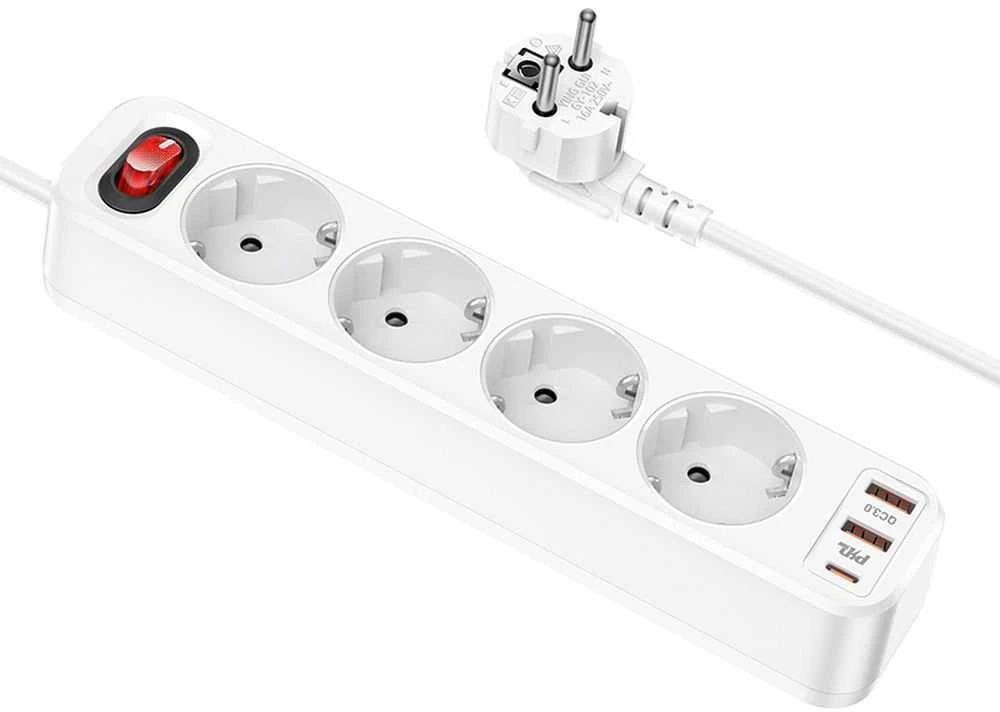 Įkroviklis-prailgintuvas Hoco NS1 (2xUSB; 1xUSB-C; 4xEU socket; 3A 20W) baltas