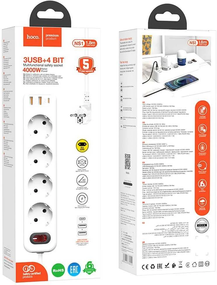 Įkroviklis-prailgintuvas Hoco NS1 (2xUSB; 1xUSB-C; 4xEU socket; 3A 20W) baltas