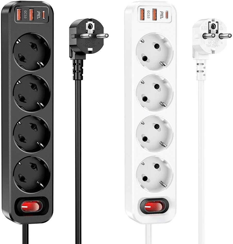 Įkroviklis-prailgintuvas Hoco NS1 (2xUSB; 1xUSB-C; 4xEU socket; 3A 20W) baltas