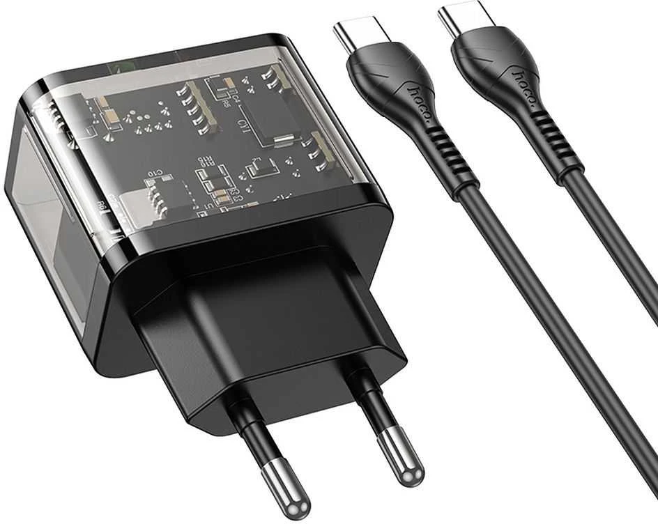 Telefono įkroviklis Hoco USB A + USB C QC3.0 PD 3A 20W + laidas USB C į USB C N34 skaidrus