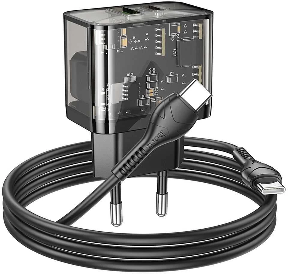Telefono įkroviklis Hoco USB A + USB C QC3.0 PD 3A 20W + laidas USB C į USB C N34 skaidrus