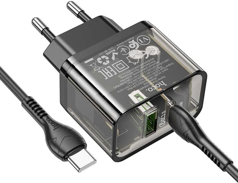 Telefono įkroviklis Hoco USB A + USB C QC3.0 PD 3A 20W + laidas USB C į USB C N34 skaidrus