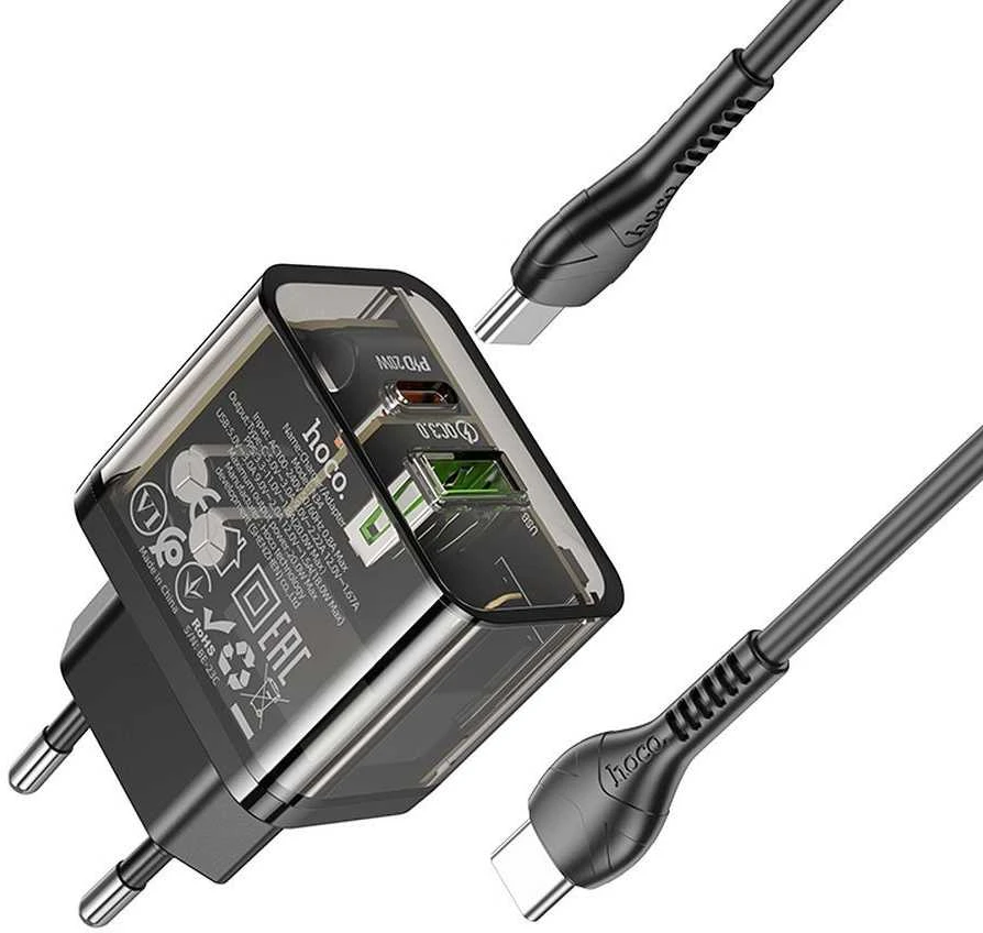Telefono įkroviklis Hoco USB A + USB C QC3.0 PD 3A 20W + laidas USB C į USB C N34 skaidrus