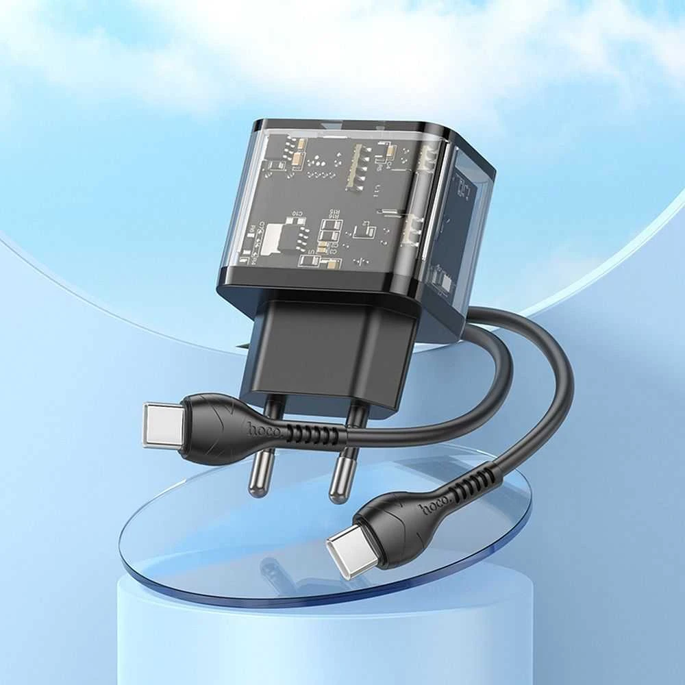 Telefono įkroviklis Hoco USB A + USB C QC3.0 PD 3A 20W + laidas USB C į USB C N34 skaidrus