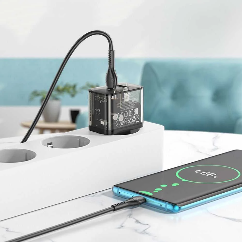 Telefono įkroviklis Hoco USB A + USB C QC3.0 PD 3A 20W + laidas USB C į USB C N34 skaidrus