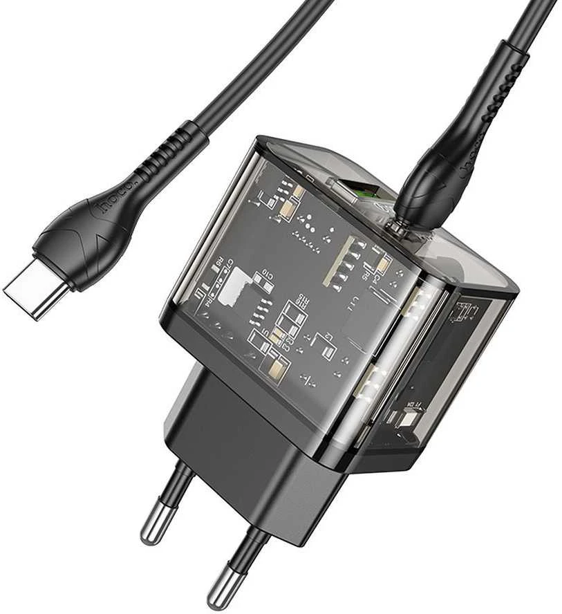 Telefono įkroviklis Hoco USB A + USB C QC3.0 PD 3A 20W + laidas USB C į USB C N34 skaidrus