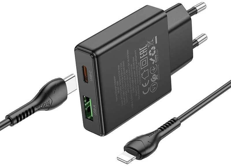 Telefono įkroviklis Hoco Slim USB A + USB C QC3.0 PD 3A 20W + laidas USB C - Lightning N38 juodas