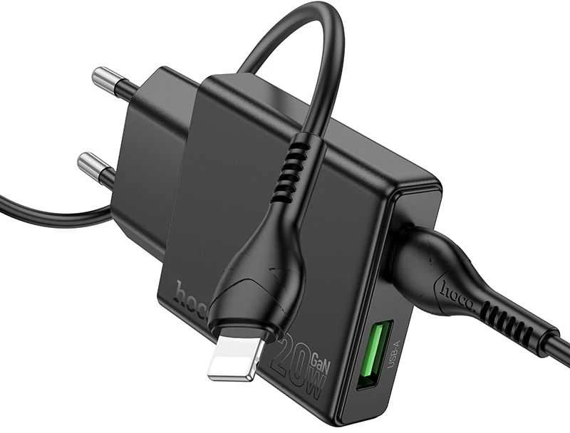 Telefono įkroviklis Hoco Slim USB A + USB C QC3.0 PD 3A 20W + laidas USB C - Lightning N38 juodas