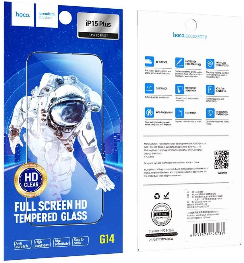 Grūdinto stiklo iPhone 15 PLUS / 16 PLUS Hoco HD 5D Guardian apsauginis stiklas 10 vnt. G14 juodas