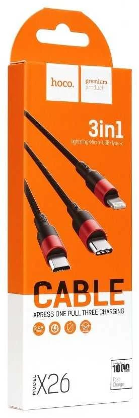 USB kabelis Hoco X26 Xpress 3in1 lightning+micro+type-C juodas-raudonas 1m