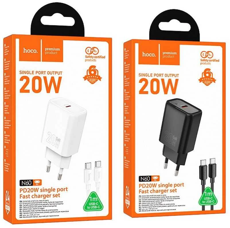 Telefono įkroviklis Hoco USB C QC PD 20W + laidas USB C į USB C N60 baltas